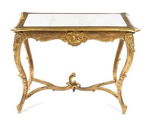 * A Louis XV Style Giltwood Console Table Height 30 x width 39 3/4 x depth 21 3/4 inches.