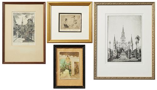Group of three etchings and one photograph, consisting of: Alice Standish Buell (1892-1964, Louisiana), "St. Louis Cathedral, New Orleans," c.1936, et