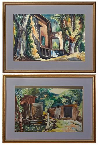Charles Surendorf (1906-1979, California/Indiana), pair of watercolors, "Building in the Woods," and "Cabin in the Woods," c. 1956, pair of watercolor