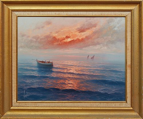 Chinese School, "Sunset Seascape," 20th c., oil on canvas, signed indistinctly lower left, presented in a gilt frame, H.- 15 in., W.- 18 1/2 in., Fram