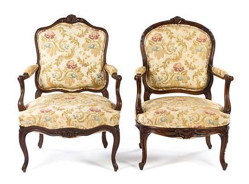 Two Louis XV Style Fauteuils Height 38 3/4 inches.