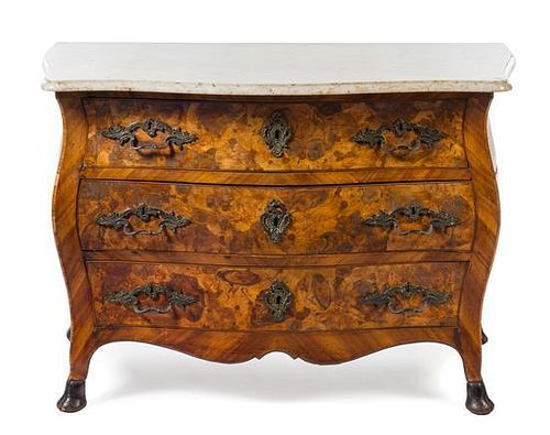 A Louis XV Style Burlwood Veneered Commode Height 37 x width 44 x depth 27 1/4 inches.