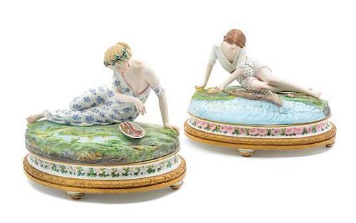 * A Pair of French Bisque Porcelain Boxes Width 11 inches.