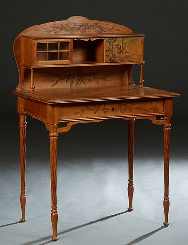 French Art Nouveau Marquetry Inlaid Writing Table, early 20th c., the arched back with a a glazed door cupboard left and an inlaid cupboard door right