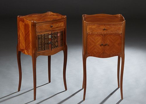 Near Pair of French Louis XV Style Carved Cherry Nightstands, 20th c., the 3/4 galleried crotched top over a frieze drawer on one and double book spin