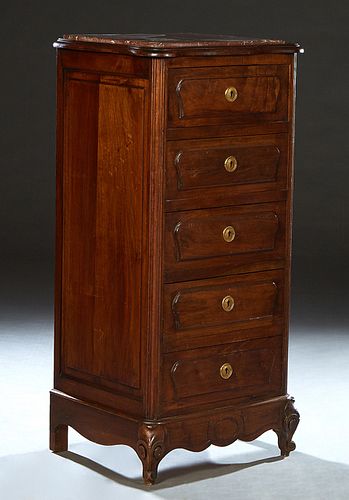 French Louis XV Style Carved Walnut Marble Top Chiffonier, 20th c., the serpentine top with an inset highly figured rouge marble over a bank of five f