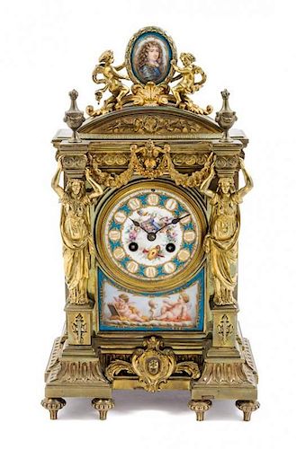 A French Gilt Bronze and Sevres Style Porcelain Mounted Mantel Clock Height 14 1/4 inches.