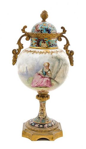 * A Gilt Bronze and Champleve Mounted Sevres Style Porcelain Vase Height 9 3/4 inches.