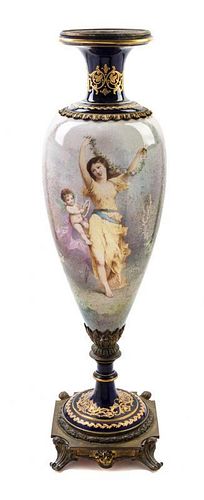 A Sevres Style Gilt Bronze Mounted Porcelain Urn Height 37 inches.