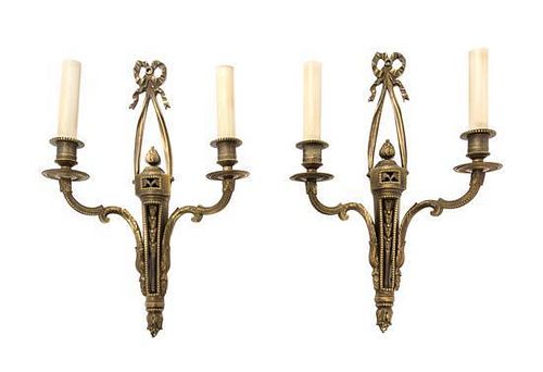 A Pair of Louis XVI Style Gilt Bronze Two-Light Sconces Height 14 1/2 inches.