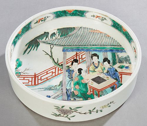 Chinese Famille Verte Low Porcelain Bowl, 20th c., with figural and garden decoration, the underside with a six character blue mark within a concentri
