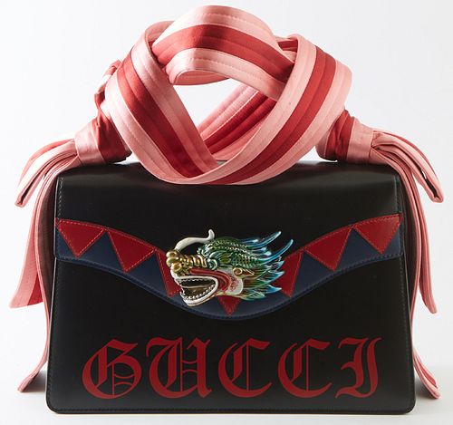Gucci Naga Dragon Shoulder Bag, in black calf leather with navy and red calf leather accents, opening to a hot pink satin lined interior with a side z