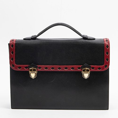 Yves Saint Laurent Briefcase, in black and red grained calf leather with gold hardware, opening to a black monogram canvas lined interior with one zip