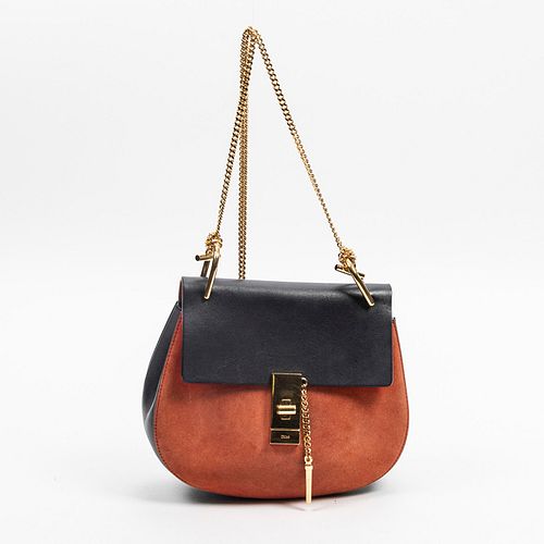 Chloe Drew Shoulder Bag, in orange suede and navy blue calf leather with golden hardware, opening to a beige suede lined interior with a side open sto