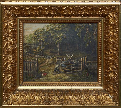 American School, "Children Playing on the Fence," 19th c., oil on canvas, unsigned, presented in a gilt and gesso frame, H.- 7 1/2 in., W.- 9 1/2 in.,