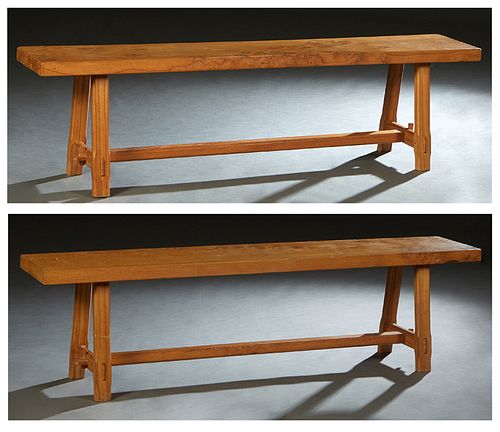 Pair of French Provincial Carved Walnut Benches, 20th c.,the thick rectangular top on splayed trestle legs joined by a rectangular stretcher, H.- 19 i