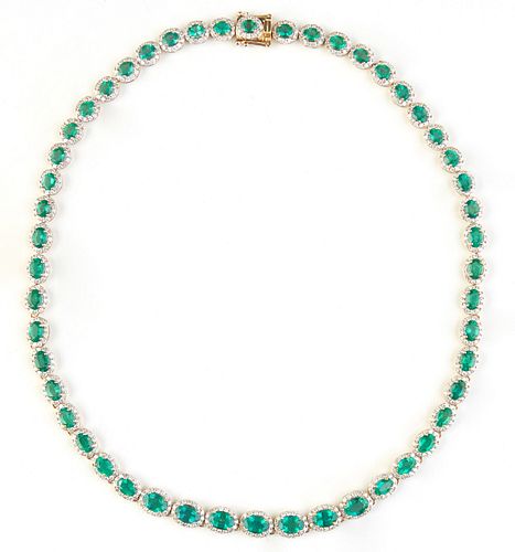 14K Yellow Gold Link Necklace, each of the 50 oval links with a graduated oval emerald atop a border of tiny round diamonds, total emerald wt.- 20.75 