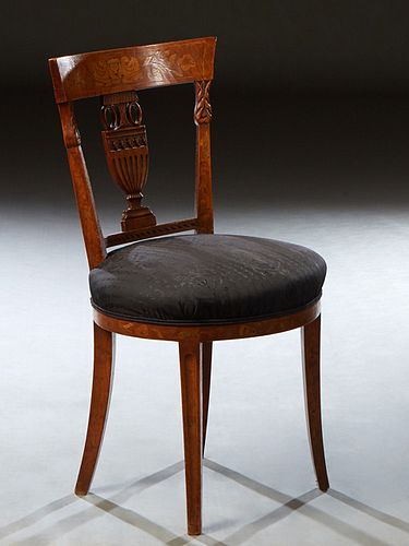 Dutch Marquetry Inlaid Carved Walnut Side Chair, 19th c., the curved inlaid crest rail over a vertical pierced urn back splat, flanked by inlaid suppo