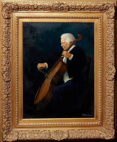 Chinese School, Gentleman Playing a Cello, 21st c., oil on canvas, signed "Perez" lower right, presented in a gilt frame, H.- 23 in., W.- 17 1/4 in., 
