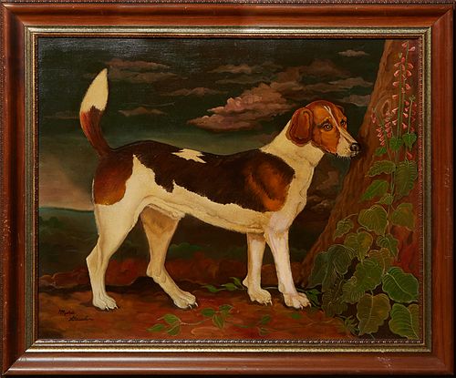 Myra Gaudin (1935-2021, New Orleans), "The Beagle," late 20th/21st c., oil on canvas, signed lower left, presented in a wood and polychrome frame, H.-