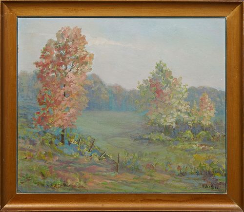 Helen Ross (American), "Idyllic Countryside Scene in Brown County, East of Nashville," 1944, acrylic on panel, signed lower right, titled and dated en