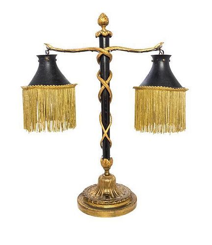 * A Napoleon III Gilt Bronze Two-Light Lamp Height 16 1/2 inches.