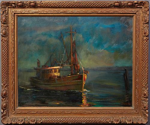 Joe Moran (1915-1999, Mississippi), "Shrimp Boats," c. 1972, oil on canvas, signed and dated lower right, presented in a polychromed frame, H.- 23 in.