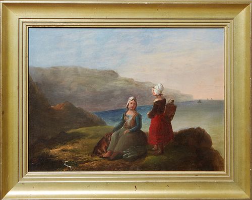 Continental School, "Two Women on the Shoreline," 20th c., oil on canvas, unsigned, presented in a gilt frame, H.- 17 1/4 in., W.- 23 1/2 in., Framed-