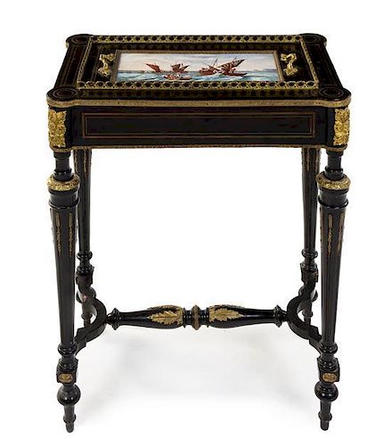 A Napoleon III Ebonized, Gilt Metal Mounted and Porcelain Inset Jardiniere Table Height 29 x width 24 x depth 14 1/2 inches.