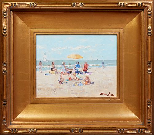 Niek van der Plas (1954-, Dutch), "Beach Scene with Sailboats," 20th c., oil on panel, signed lower right, with artist name branded en verso, presente