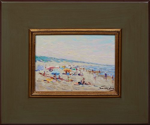 Niek van der Plas (1954-, Dutch), "Crowded Beach Scene," 20th c., oil on board, signed lower right, branded signature en verso, presented in a sage co