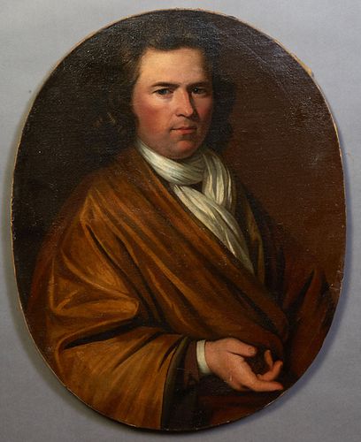 Continental School, "Portrait of a Gentleman in a Yellow Robe," 19th c., oil on canvas, unsigned, unframed oval canvas, H.- 25 3/4 in., W.- 20 3/8 in.