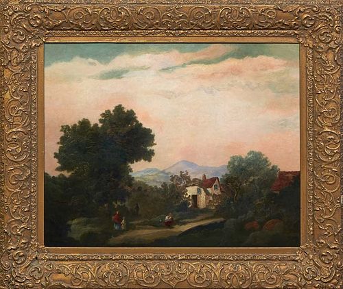Continental School, "Countryside Village Scene," 19th c., oil on canvas, unsigned, presented in a gilt frame, H.- 19 1/8 in., W.- 23 1/4 in., Framed H