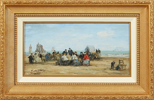 Francis Cristaux (1956-, French), "Gathering on the Beach," 20th c., oil on canvas, signed lower left, presented in a gilt frame, H.- 7 9/16 in., W.- 