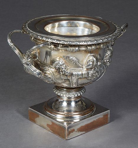 English Warwick Style Silverplate on Copper Wine Cooler, 19th c., with a gadroon edge over twist handles and deep relief figural/bust mounts all raise