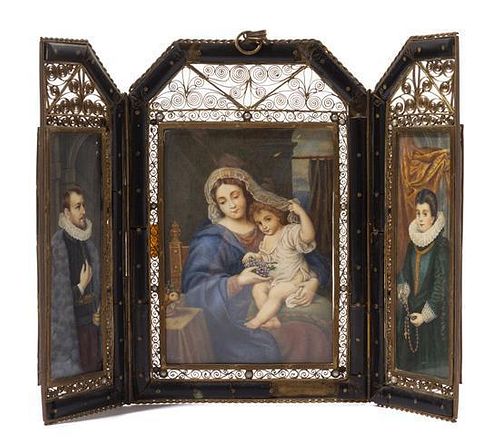 * A Continental Tortoise Shell and Wirework Framed Triptych Height 8 1/4 x width 11 inches.