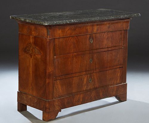 French Louis Philippe Carved Walnut Marble Top Commode, 19th c., the ogee edge rounded corner figured gray marble over a setback cavetto frieze drawer