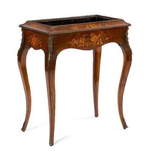 A Louis XV Style Gilt Bronze Mounted Marquetry Jardiniere Table Height 30 1/2 x width 23 1/2 x depth 15 1/2 inches.