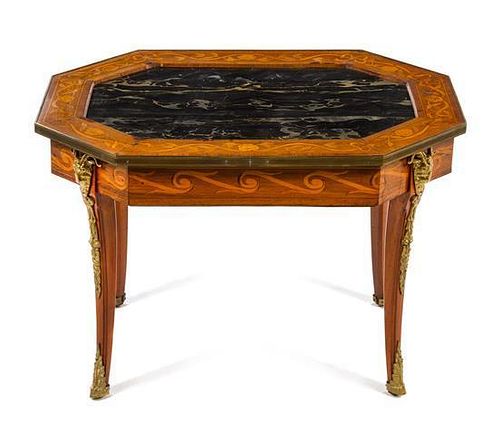 * A Louis XV/XVI Transitional Style Gilt Bronze Mounted Marquetry Low Table Height 20 1/2 x width 30 x depth 22 1/2 inches.
