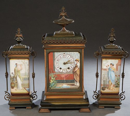 Three Piece French Gilt Brass and Copper Clock Set, late 19th c., the clock with a floral urn surmount over a porcelain plaque face, possibly Sevres, 