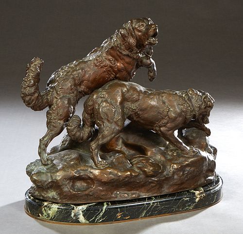 After Charles Valton (1851-1918, French), "Hunting Dogs," 20th c. patinated bronze, with a relief signature on the proper left front of the integral b