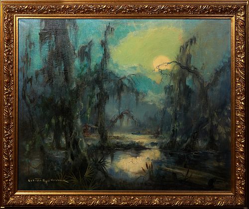 Colette Pope Heldner (1902-1990, Louisiana/Minnesota), "Swamp Idyl," 20th c., oil on canvas, signed lower left, presented in an ornate gilt frame, H.-