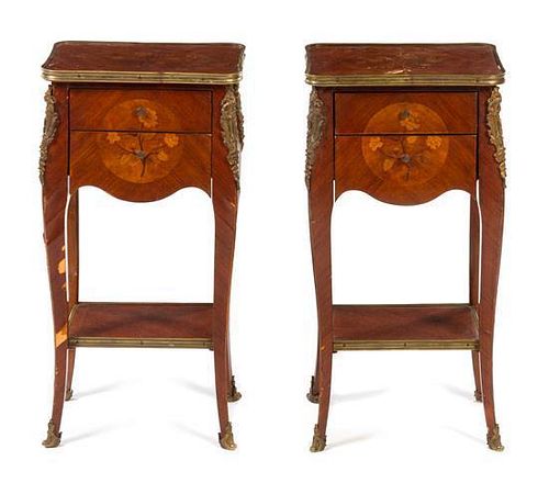 A Pair of Louis XV Style Gilt Metal Mounted Marquetry Tables en Chiffonier Height 28 1/2 inches.
