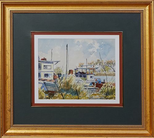 Charles Oglesby Longabaugh (1885-1944, Louisiana), "Dixie Shrimp Boat," 20th c., watercolor on paper, signed lower right, presented in a gilt frame, H