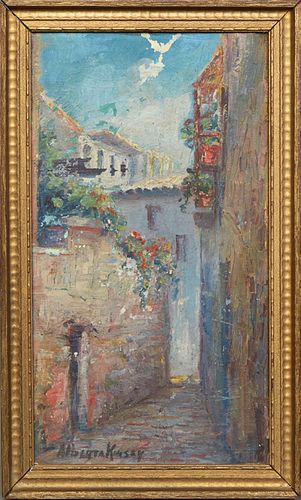 Alberta Kinsey (1875-1952, Louisiana), "Street Scene," early 20th c., oil on board, signed lower left, presented in a gilt frame, H.- 13 5/8 in., W.- 