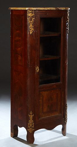 French Louis XV Style Inlaid Walnut Ormolu Mounted Marble Top Vitrine, early 20th c., the bowed ogee edge ocher Breche d'Alpes marble above a glazed u