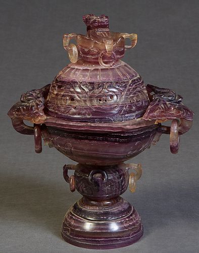 Chinese Carved Amethyst Censer, late 19th c., the domed cover with a Foo dragon handle mounted with elephant ring handled sides, on a base with pierce