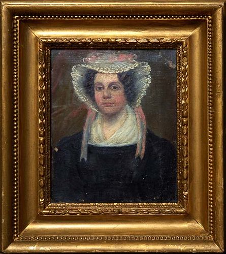 Continental School, "Portrait of a Woman with Lace Bonnet," 19th c., oil on canvas, unsigned, presented in a gilt frame, H.- 7 5/8 in., W.- 6 5/8 in.,