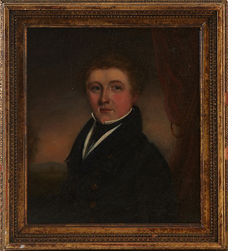 English School, "Portrait of a Gentleman," 19th c., oil on board, unsigned, with a red hard wax seal of artemis en verso, presented in a gilt framed, 