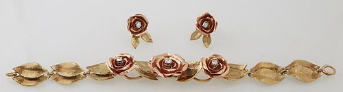 18K Yellow and Rose Gold Set, consisting of a link bracelet with eight double leaf form links, joined by three rose gold flower links with central rou